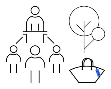 Basit bir çöp adam iş hiyerarşisi, soyut ağaç ve fiyat etiketli bir çanta. İş yapısı, takım çalışması, büyüme, doğa, alışveriş, organizasyon ve ekonomi konuları için ideal