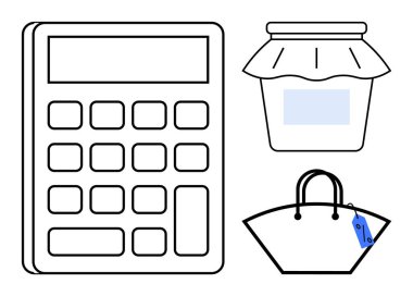 Hesap makinesi, reçel kavanozu ve bütçe ve finansal planlamayı gösteren alışveriş torbası. Ticaret, ev yönetimi, bütçe tavsiyeleri, mali eğitim, perakende analizleri, ekonomik