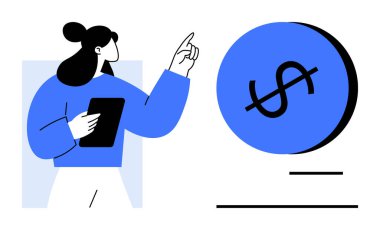 Elinde tablet olan kadın büyük dolar işaretini işaret ediyor. Finansal odak noktasını vurguluyor. Finans, iş, analitik, yatırım, teknoloji, ekonomi eğitimi için idealdir. Mavi ve siyah soyut çizgi