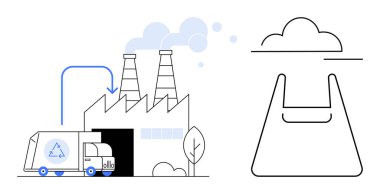 Fabrikada geri dönüşüm kamyonu boşaltılıyor, duman yığınları hava yayıyor. Bulutlu basit bir soyut geri dönüşüm simgesi. Çevre dostu, geri dönüşüm, atık yönetimi, sanayi süreçleri ve çevre için ideal