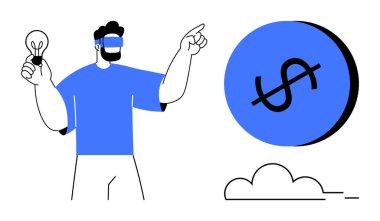 Gözü bağlı bir adam mavi dolar işareti küresine ampul tutuyor. Yaratıcılık, vizyon, yenilik, finans, rehberlik, keşif, gelecekteki yönelim için idealdir. Siyah beyaz mavi soyut