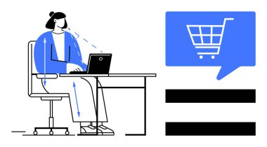 Masada dizüstü bilgisayarda çalışan biri, yanında alışveriş arabası ikonu olan büyük mavi bir konuşma balonu var. Çevrimiçi alışveriş, dijital pazarlama, e-ticaret, İnternet kullanımı, iş analizleri için ideal