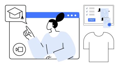 Online öğrenme platformundaki mezuniyet şapkası simgesine bakan eğitmen. Ödeme detayları ve kontrol listesi olan bir ekran. Eğitim, e-öğrenim, çevrimiçi kurslar, dijital ödemeler, öğretmen-öğrenci