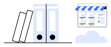 Dijital bir mağaza penceresinin yanında birbirlerine yaslanan fiziksel bağlayıcılar, geleneksel ve çevrimiçi belge depolama yöntemlerinin entegrasyonunu gösteriyor. Dijital geçiş için ideal