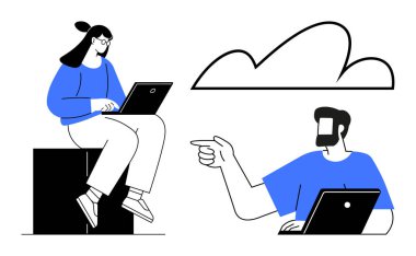 Dizüstü bilgisayarlarla uğraşan iki profesyonel nişanlandı. Uzaktan çalışma, takım çalışması, çevrimiçi iletişim, bulut hesaplama, dijital işbirliği, modern ofis teknolojisi entegrasyonu için ideal. Soyut satır düzlüğü