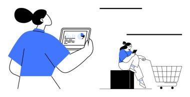 İki birey teknoloji ile etkileşime giriyor. Biri veri tabletleriyle, diğeri ise internet üzerinden cep telefonu ve el arabası ile alışveriş yapıyor. E-ticaret, dijital pazarlama, çevrimiçi alışveriş ve veri için ideal