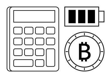 Bir hesap makinesi, pil ikonu ve Bitcoin sembolü içeren siyah beyaz resim. Finans, kripto para birimi, dijital işlemler, enerji yönetimi, teknoloji yeniliği, yatırım stratejisi için ideal