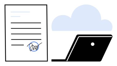 Dizüstü bilgisayarın ve bulutun yanında imzası ve çizgileri olan bir kağıt. E-imza uygulamaları, bulut depolama, dijital iş akışı, kağıtsız ofis, güvenli veri, uzaktan çalışma, sözleşme için ideal