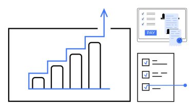 Yükselen büyüme eğilimini gösteren bar tablosu, ödeme düğmeli dijital makbuz ve işaretli ögelerin yer aldığı bir kontrol listesi. Finansal planlama, iş büyümesi, dijital işlemler, üretkenlik, hedef