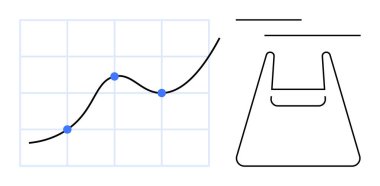 Eğim çizgisi ve mavi veri noktaları olan çizgi grafiği büyümeyi gösteriyor. Komşu minimalist alışveriş çantası taslağı. İş, ekonomi, perakende, pazarlama, analiz, satış yatırımları için idealdir. Soyut çizgi
