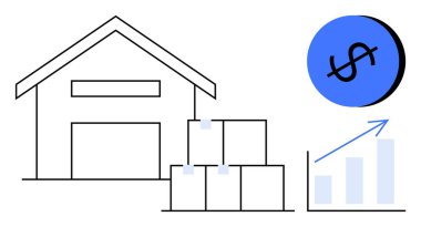 Kutuları istiflenmiş bir depo, mavi çemberde bir dolar işareti ve yükselen bir büyüme tablosu. Lojistik, depolama, ekonomi, iş büyümesi, tedarik zinciri, finans piyasası eğilimleri için ideal