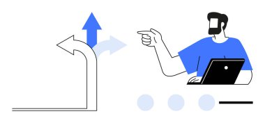 Dizüstü bilgisayar kullanan bir adam, sola doğru üç tane ok gösteriyor, düz, sağa. Karar verme, strateji, rehberlik, yön bulma seçenekleri için ideal. Soyut çizgi düz metafor