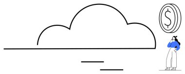 Bulut şekli, dolar işareti, mavi bluzlu ve beyaz pantolonlu kadın. Fintech, bulut hesaplama, maliyet analizi, gelecekteki düşünce, ekonomik planlama, yenilik stratejileri için ideal soyut kavramlar