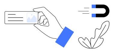 Kartviziti tutan bir el hareket çizgileri olan mavi-siyah mıknatıs, yaprak elementi. İş ağı, pazarlama stratejileri, kişisel markalaşma, cazibe, mesleki kimlik için ideal