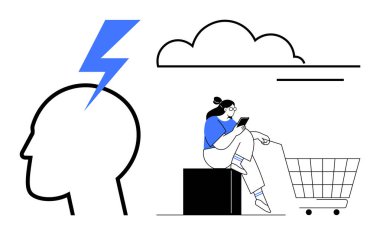 Head outline with lightning bolt, person holding device next to shopping cart, cloud. Ideal for online shopping, decision making, digital interaction, brainstorming, technology use, consumer clipart