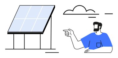 Güneş paneli, arkasında bulutlar olan kişiyi gösteriyor. Yenilenebilir enerji, sürdürülebilirlik, çevre eğitimi, yenilik, temiz teknoloji, geleceğe yönelik, yeşil