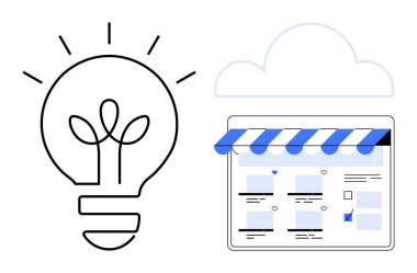 Online mağaza önü ve bulut anahatlarının yanında fikirleri temsil eden çizgileri olan bir ampul. Dijital iş için ideal, çevrimiçi alışveriş, yenilik, bulut hesaplama, teknoloji girişimleri, yaratıcılık, modern