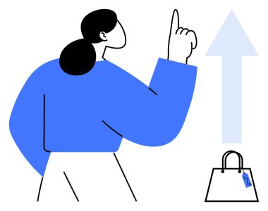 Mavi okla işaret eden parmağını kaldıran bir kadın, yanında bir el çantası var. İş büyümesi, başarı, ilerleme, yükselen hareket, fırsat, hırs yönetimi için idealdir. Soyut satır düzlüğü