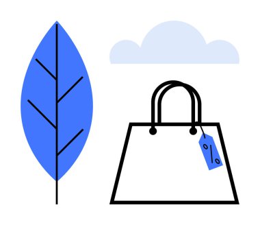 Mavi yaprak, etiketli alışveriş çantası ve bulut. Sürdürülebilirlik, çevre dostu ürünler, çevre bilinci, doğa, etik alışveriş bilinci, yeşil yaşam için idealdir. Soyut çizgi