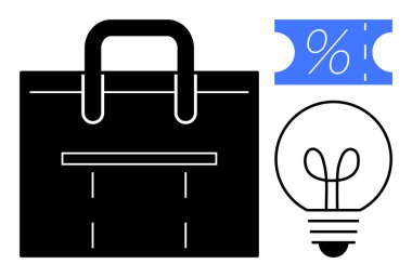 Siyah iş çantası, yüzde işaretli mavi indirim bileti ve ampul. Ticari kavramlar, girişimcilik, yenilik, pazarlama, tasarruf perakende ve strateji için idealdir. Soyut satır düzlüğü