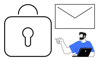 Bilgisayarlı bir adam büyük kilit simgesini ve e-posta zarfını gösteriyor. Çevrimiçi güvenlik, veri koruması, mahremiyet, e-posta güvenliği, siber güvenlik farkındalığı, güvenli iletişim, dijital