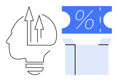 İnsan profili çizgisi, içinde yukarı doğru oklar olan, büyüme ya da fikirleri temsil eden, yüzde sembolü olan bir biletin yanında. İş için ideal, pazarlama, indirimler, satışlar, yenilik