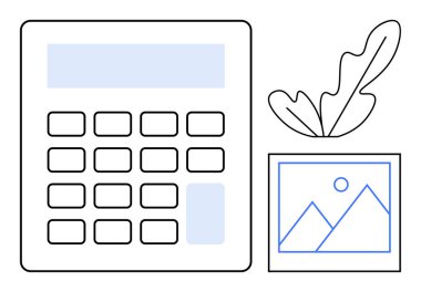 Birden fazla düğmeli hesap makinesi, dağlı ve güneşli çerçeveli bir resim ve saksı bitkisi. Ofis için ideal, üretkenlik, hesaplama, finans, çalışma ortamı, modern dekor soyut çizgi