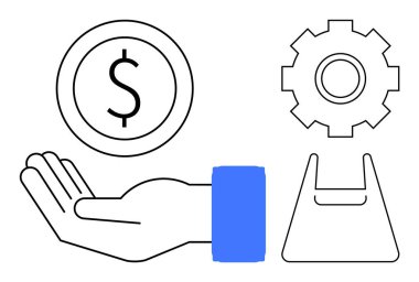 Bir dolar, çark ve torba ikonu tutan mavi kollu bir el. Ticari büyüme, mali yönetim, üretkenlik, e-ticaret, verimlilik ekonomisi yatırımı için ideal. Soyut satır düzlüğü