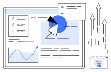 Çizgi ve pasta grafikleri, kontrol listeleri, e-ticaret arabası ve büyüme okları olan iş analizi platformu. Performans takibi, veri görselleştirme, e-ticaret analizi, strateji planlaması için ideal
