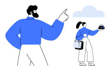 Kadın alışveriş torbalarını tutarken ve akıllı telefonları kontrol ederken adam kolunu uzatarak işaret ediyor. İş stratejisi, takım çalışması, iletişim, liderlik, dijital bağlantı için ideal