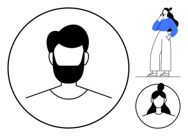 Geometrik çizgilerde sakallı bir adam ve iki kadın var. Biri ayakta, biri daireler çiziyor. Profil simgeleri, sosyal medya avatarları, markalaşma, minimalizm kavramları, kimlik, çeşitlilik için ideal