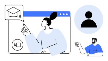 İki karakter, biri tarayıcı penceresindeki mezuniyet şapkasını işaret eden, diğeri çerçevenin dışını gösteren. Eğitim, e-öğrenim, sanal sınıflar, uzaktan çalışma için ideal, çevrimiçi