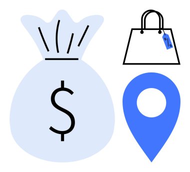 Dolar işaretli para çantası, satış etiketli alışveriş çantası ve lokasyon rozeti. E-ticaret, perakende, finans, tasarruf, alışveriş finansal planlama pazarı için idealdir. Minimalist soyut çizgi düz