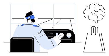 Pilot uçak kontrolleri, beyin ve alışveriş torbası ikonları kullanıyor. Havacılık, akıl sağlığı, iş hayatı dengesi, karar verme, alışveriş, bilişsel beceriler ve metaforlar için idealdir. Satır metaforu