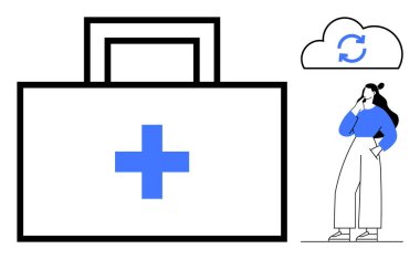 Mavi haçlı ilk yardım çantası, kadın figürü düşünme, senkronize ikonlu bulut. Sağlık, teletıp, dijital sağlık, tıbbi danışmanlık, çevrimiçi destek, sanal danışma teknolojisi için ideal