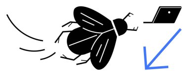 Uçan böcek dizüstü bilgisayara yaklaşıyor, yanında hareket gösteren mavi bir ok var. Teknoloji sorunları için ideal, beklenmedik sorunlar, geliştirme sorunları, hata ayıklama, yazılım hataları, dijital bozulma