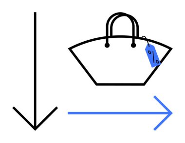 Aşağı bakan siyah ok, fiyat etiketi olan bir alışveriş çantasının yanında duran mavi ok. E-ticaret, satış, alışveriş, indirimler, perakende pazarlama, yön bulma için ideal. Soyut çizgi