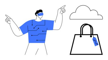 Sanal elementlerle etkileşime geçen VR kulaklık takan bir adam bulut ve alışveriş poşeti ikonları. Teknoloji, e-ticaret, sanal gerçeklik, bulut hesaplama, gelecekteki alışveriş, dijital deneyimler için ideal.