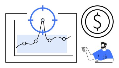 Veri işaretli grafikler, hedef simgesi, dolar para sembolü ve işaret eden figür. Finans, yatırım, veri analizi, iş büyümesi hedefleri, piyasa eğilimlerini ekonomik başarı olarak belirlemek için ideal. Modern