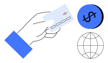 Elinde bir kredi kartı, mavi dolar işareti ve finansal işlemleri ve küresel ticareti temsil eden dünya ikonu var. Bankacılık, kredi, ödemeler, para işlemleri, küresel işletmeler için ideal