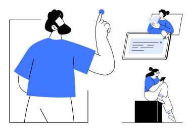 Erkek figürü el kaldırarak işaret ediyor, kadın büyük tableti tutuyor ve dikizliyor, akıllı telefona dalmış bir kadın. Takım çalışması, iletişim, dijital öğrenme, uzaktan çalışma, sosyal medya için ideal