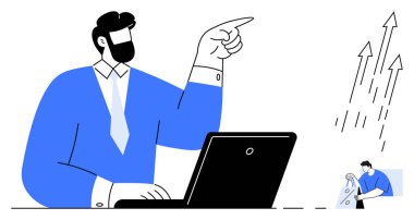 Yükselen okları işaret ederken dizüstü bilgisayarda çalışan profesyonel bir iş adamı. Büyüme, başarı, hedef başarı, iş stratejisi, liderlik, hedef belirleme, motivasyon için idealdir. Satır metaforu