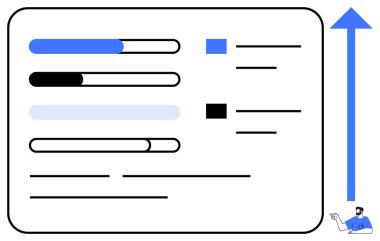 İlerleme çubukları, iki onay kutusu ve metin satırları olan dikdörtgen çizelge. Yukarıya doğru büyük mavi ok, alttaki ise bir insanı gösteriyor. Üretim, büyüme, ilerleme ve analitik yönetim için ideal