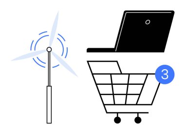 Rüzgar türbini, alışveriş arabasının üstündeki dizüstü bilgisayarda bildirim simgesi. Sürdürülebilirlik, e-ticaret, teknoloji, temiz enerji, çevrimiçi iş, dijital pazarlama çevresel farkındalık için idealdir. Çizgi