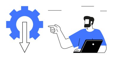 Adam dizüstü bilgisayarla çalışırken aşağı doğru ok atan mavi bir dişliyi işaret ediyor. Teknoloji, iş akışı, mühendislik, süreçler, analiz, yenilik ve planlama için ideal. Soyut çizgi düz metafor