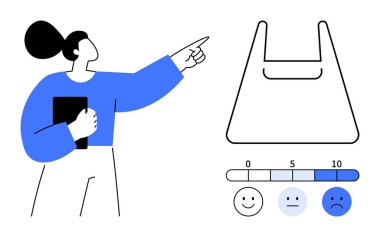 Kadın elinde tablet, boş plastik torba, 0 'dan 10' a kadar mutlu, tarafsız ve üzgün yüzlü puanlar tutuyor. Müşteri geribildirimi, ürün analizi, kalite kontrolü, çevresel etki için ideal