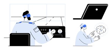 Sanal gerçekliği kullanan iki birey, biri makineleri kontrol ederken, diğeri sanal bir beyni inceliyor. Teknoloji entegrasyonu, yenilik, VR uygulamaları, eğitim, araştırma ve sanayi için ideal