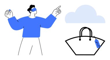 VR kulaklıklı bir adam sanal bulut ortamı ve fiyat etiketli el çantasıyla etkileşime girer. Ekommerce, teknoloji entegrasyonu, sanal alışveriş, çevrimiçi perakende, gelecekteki eğilimler, artırılmış