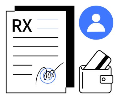 Tıbbi reçetede imza, cüzdanda kredi kartı, kullanıcı profili ikonu mavi. Sağlık hizmetleri, tıbbi kayıtlar, çevrimiçi reçeteler, sağlık sigortası, finans hizmetleri, kullanıcı