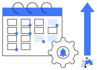 Mavi noktalı takvim, merkezde zil, yukarı doğru ok, masada insan. Üretkenlik, zaman yönetimi, hatırlatıcılar, planlama, iş örgütü hedefi motivasyon kurmak için ideal